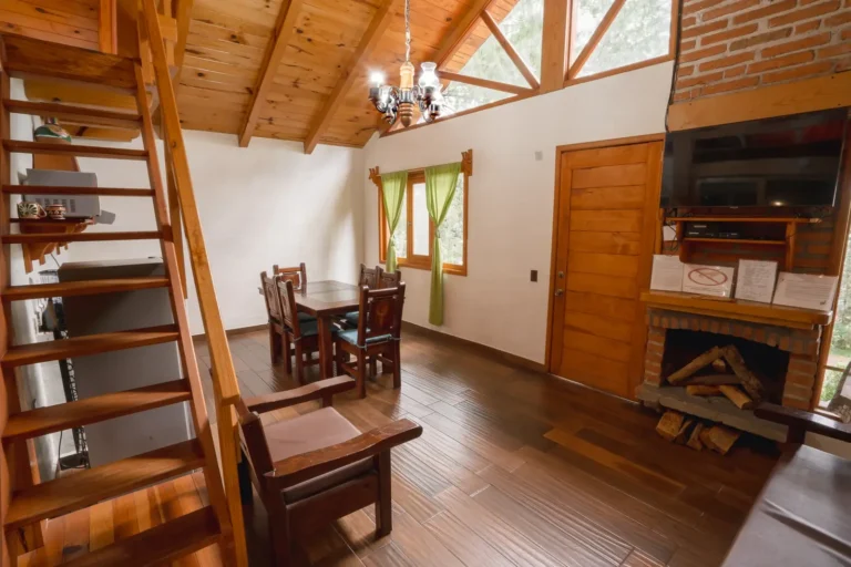 Sala con chimenea de la Cabaña Orión